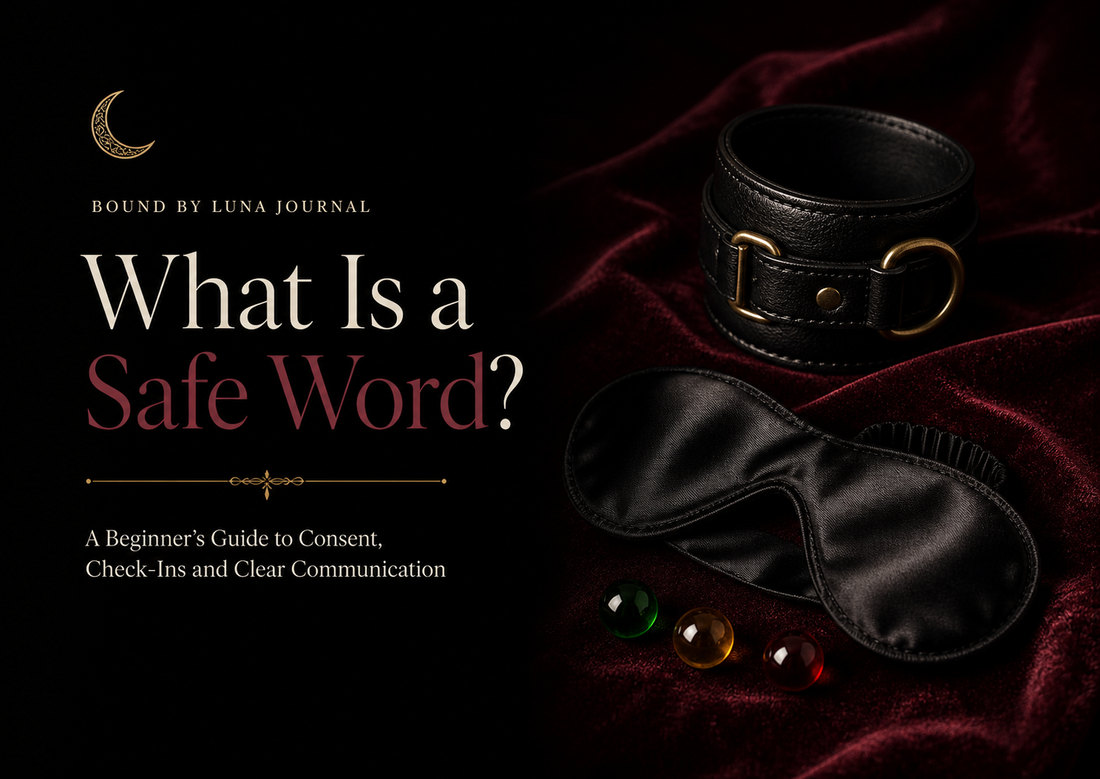 What is a safe word guide cover with a black leather cuff, satin blindfold and red, yellow and green check-in beads on burgundy velvet.