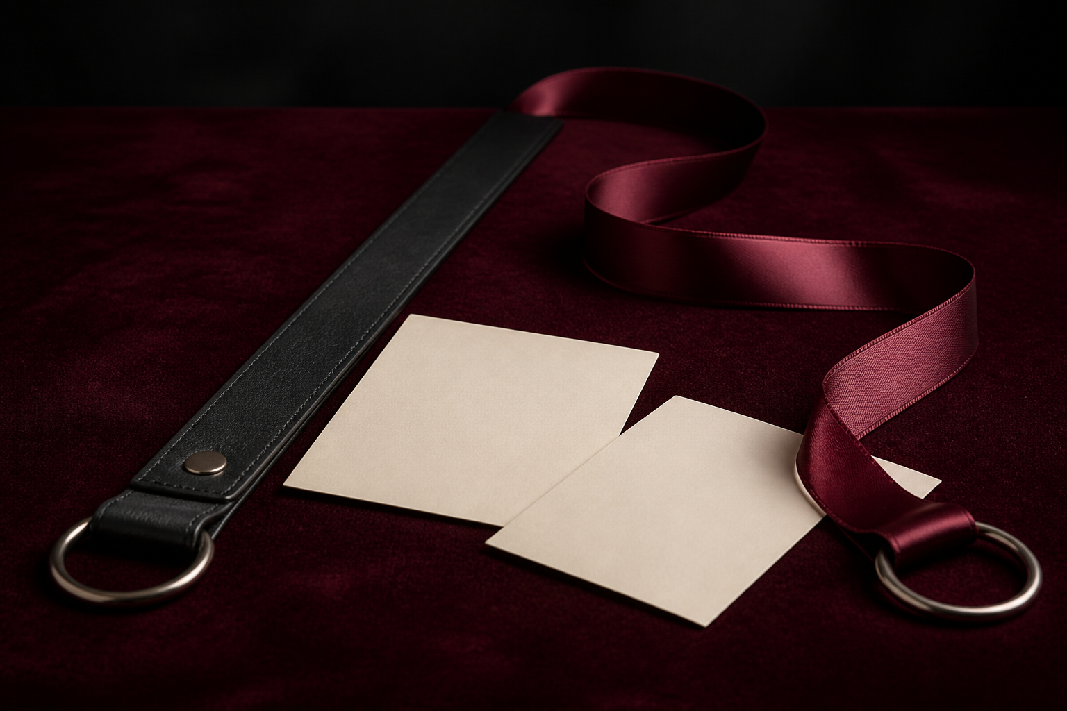Black leather band, burgundy satin ribbon and ivory cards representing hard and soft limits in BDSM.