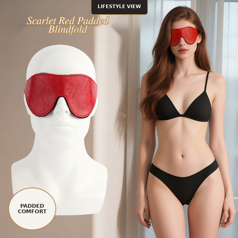 Scarlet red padded blindfold shown on a white mannequin head and worn by a female model in a black bikini, with text overlays 'LIFESTYLE VIEW' and 'Scarlet Red Padded Blindfold'.