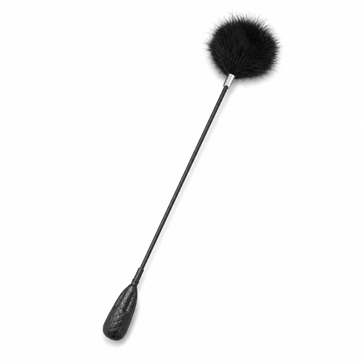 Black crinkle leather feather tickler with a fluffy black head, slim shaft, and silver-tone collar on a white background.