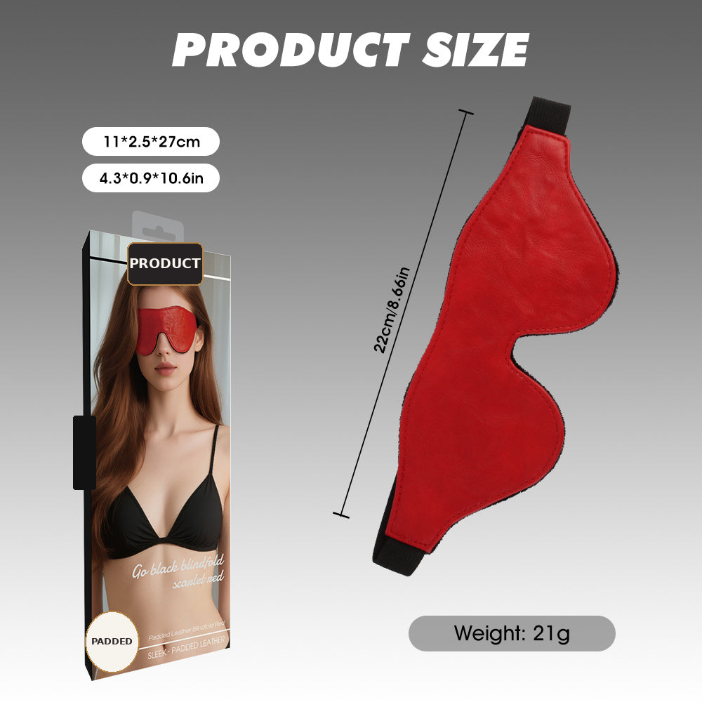 Red padded sleep mask shown with product size and weight information on a gray gradient background, alongside its retail box. The mask is displayed flat with black elastic ends, and the packaging shows a model wearing the mask.