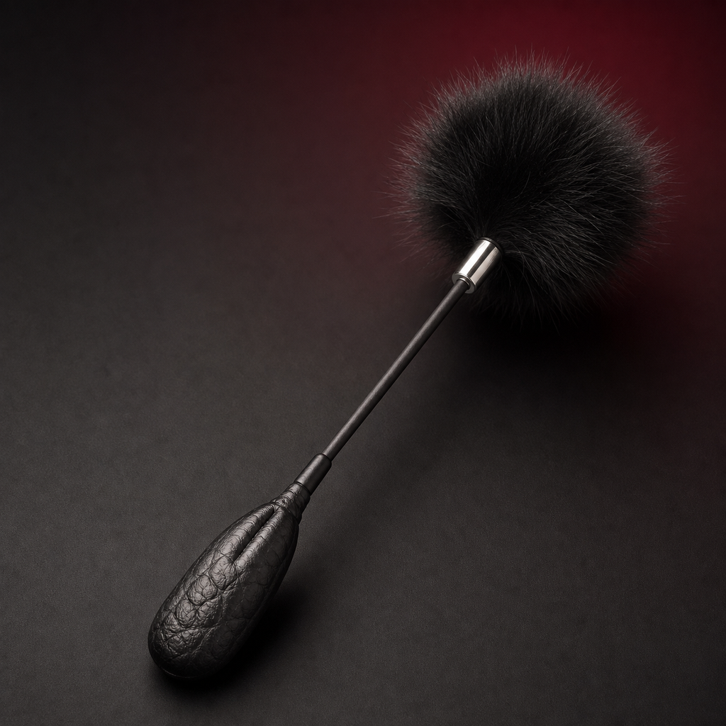 Close-up of the fluffy black feather head, silver-tone collar, slim shaft, and crinkle-texture leather grip.