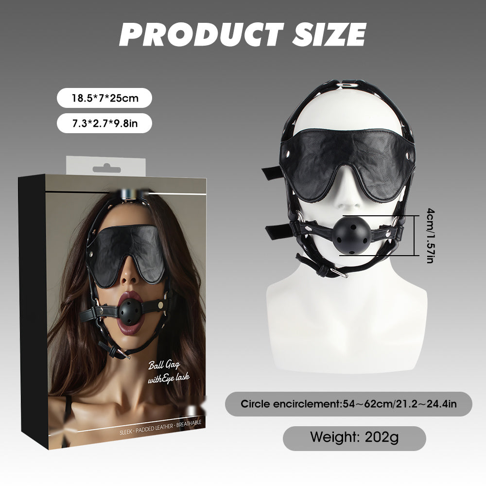 Size guide for black ball gag and blindfold set showing adjustable fit range and 202 g weight