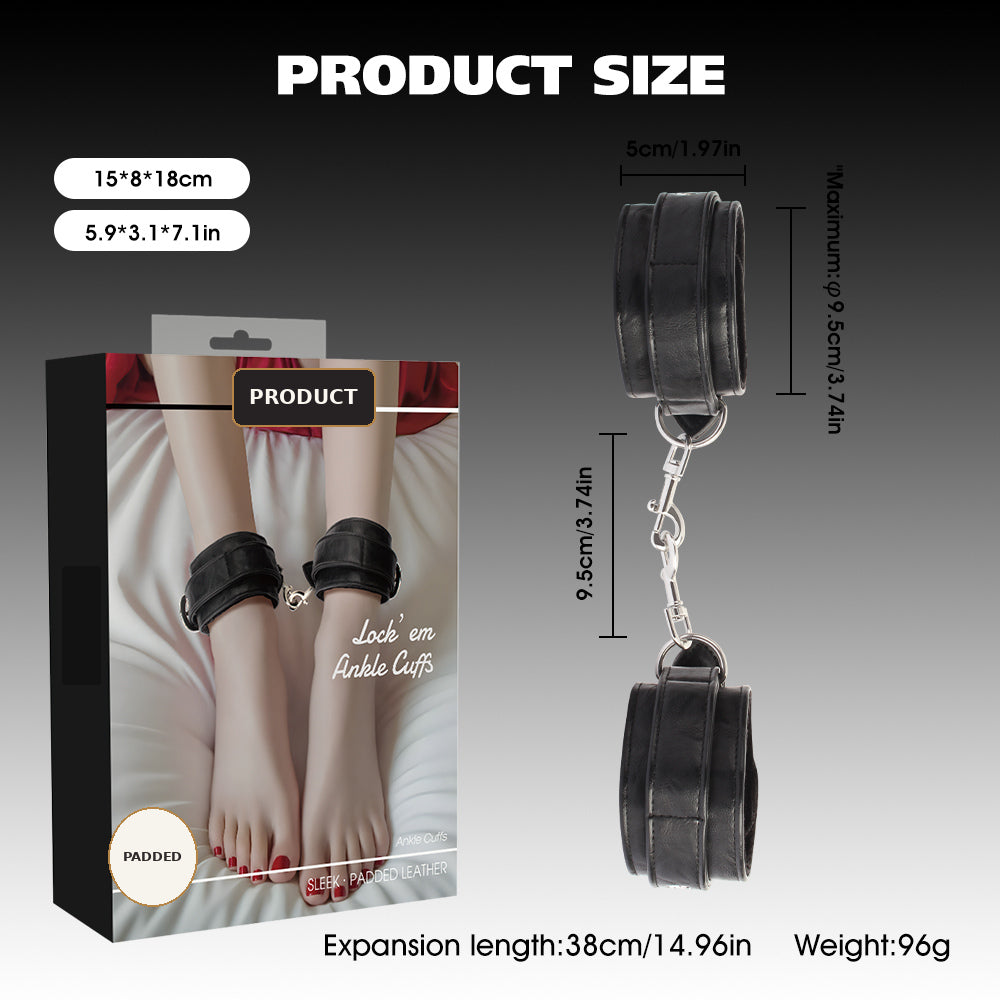 Product size and dimensions chart for padded ankle cuffs, showing the retail box, a rendered pair of black padded cuffs connected by a metal chain, and measurement labels on a dark gradient background.