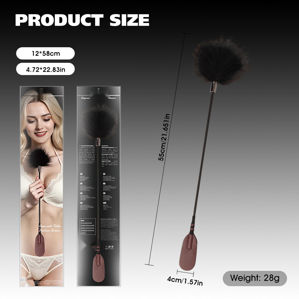 Product size and dimensions chart for a black feather wand with a brown handle, showing the full length of 55cm, width of 4cm, and weight of 28g, alongside packaging and a model holding the product.