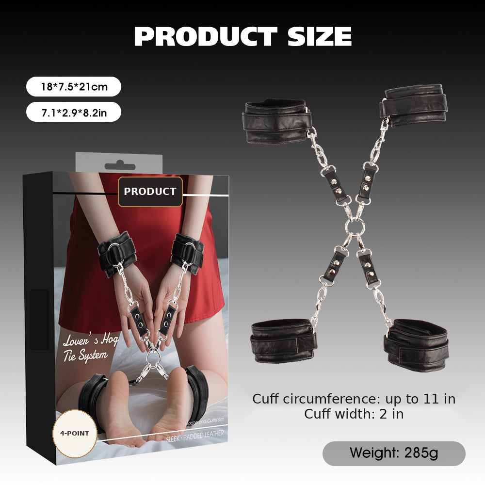 Product size and packaging information for a 6-point tie system with black cuffs and silver chains. The image shows the product itself on the right, its retail box on the left, and text specifying dimensions and weight on a gray gradient background.