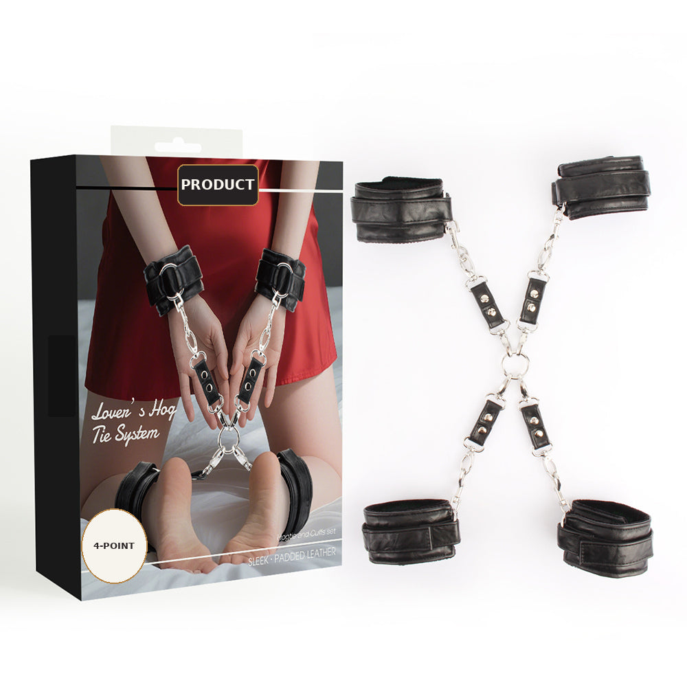 A boxed restraint/accessory set shown beside the product itself on a white background. The box features a model wearing black cuffs and ankle restraints with silver chains, and the loose set includes four black cuffs connected by silver chain straps with black leather-like panels and metal rivets.