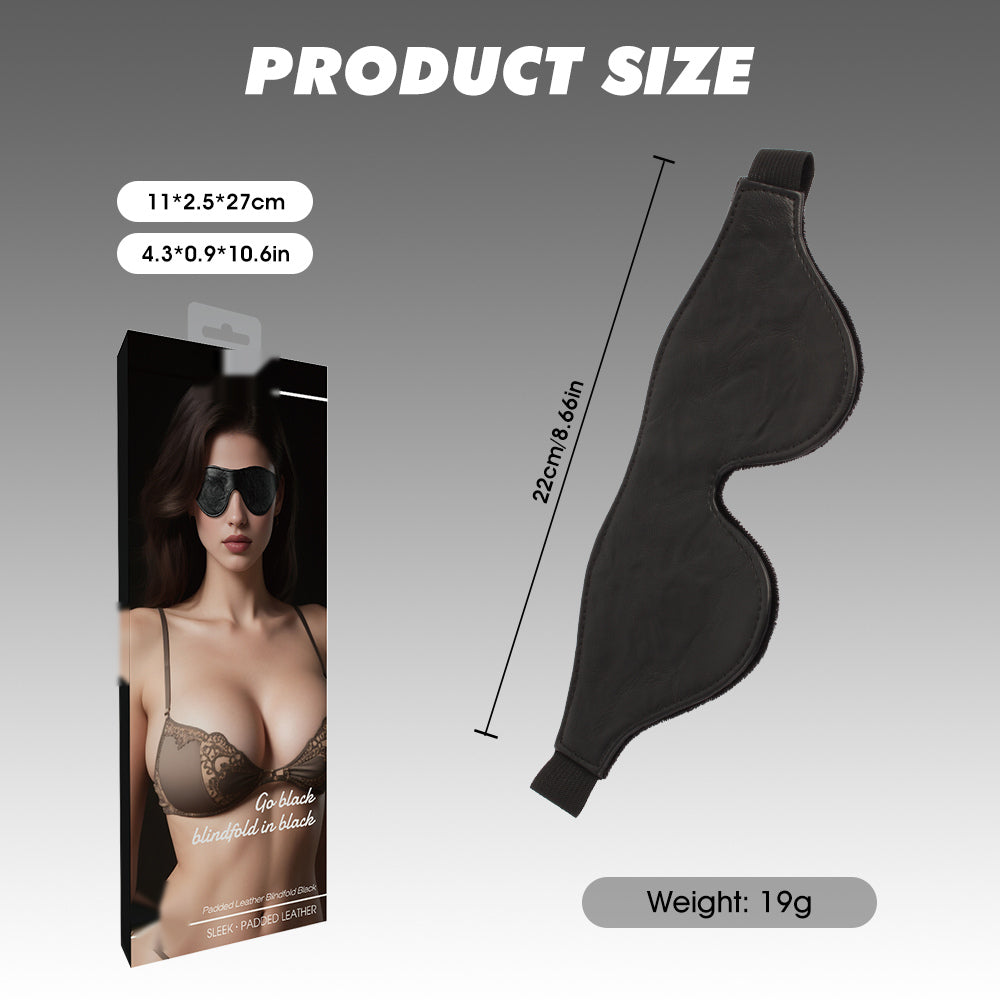 Product size diagram showing a black eye mask laid out with dimensions, alongside its retail box. The image includes text indicating measurements of 11*2.