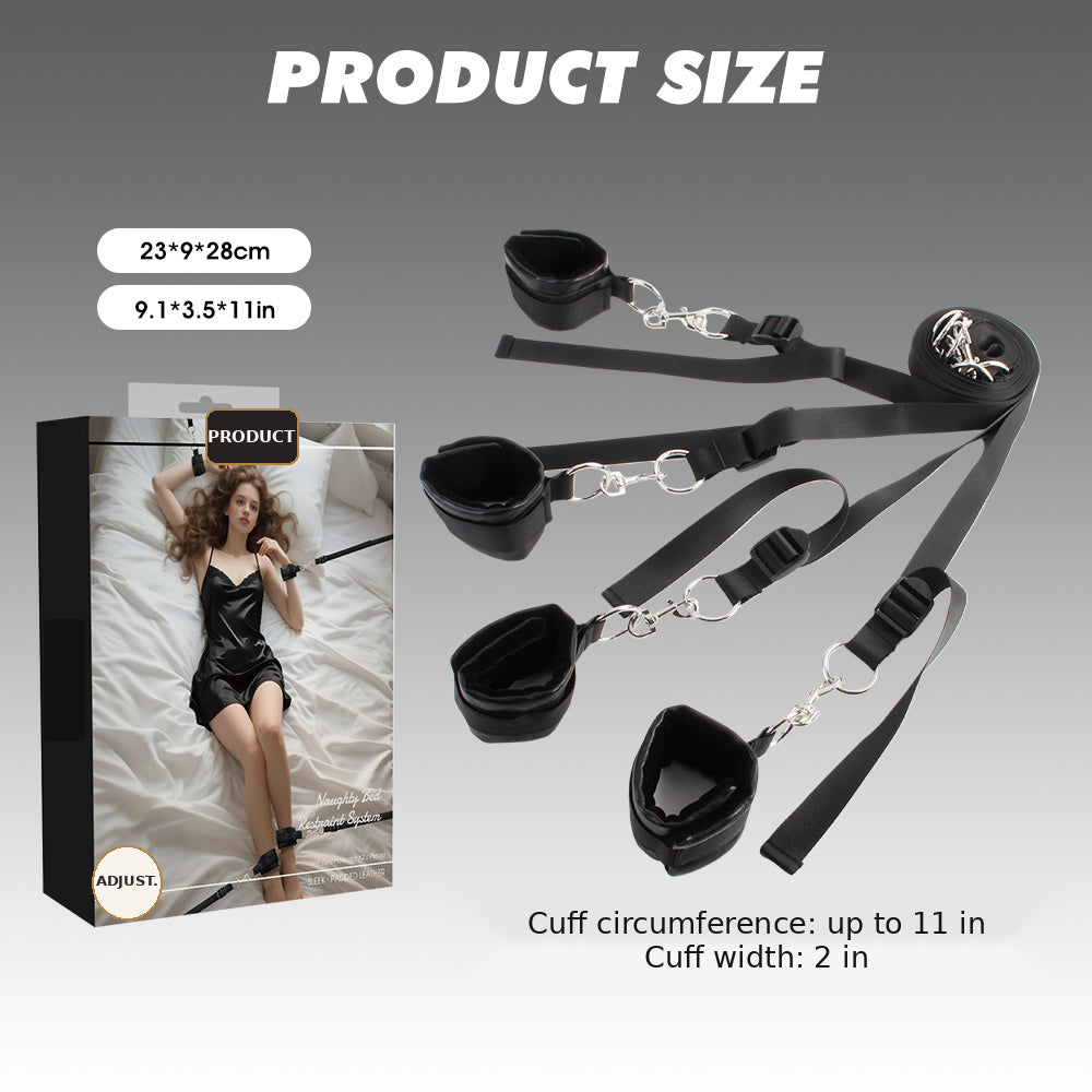 Size guide for black under-bed restraint cuffs and adjustable straps