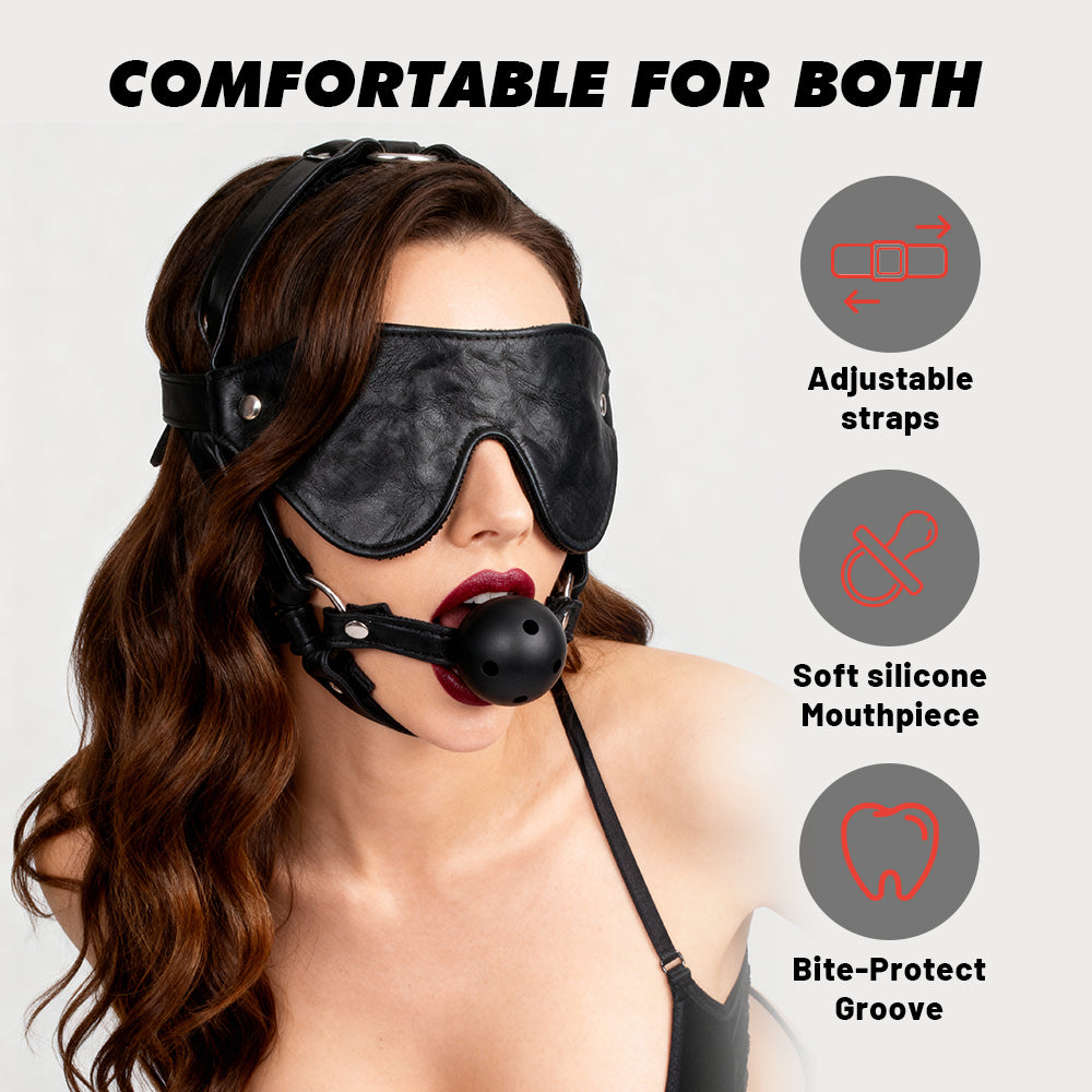 Black adjustable ball gag and blindfold set shown on a mannequin beside a lifestyle model