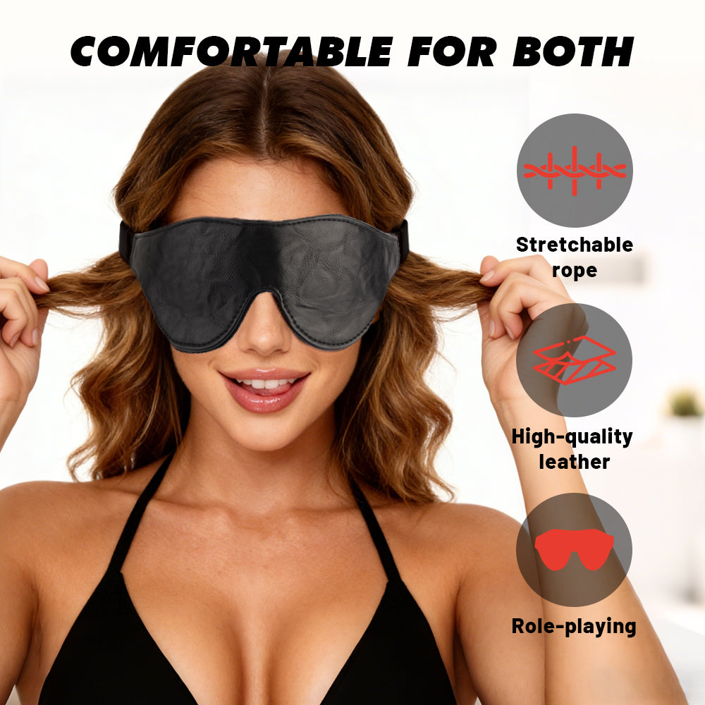 A woman wearing a dark gray textured sleep mask and pulling at the sides of the mask to demonstrate its stretchable rope. The image includes text overlays reading 'COMFORTABLE FOR BOTH' and three circular icons highlighting 'Stretchable rope', 'High-quality leather', and 'Role-playing'.