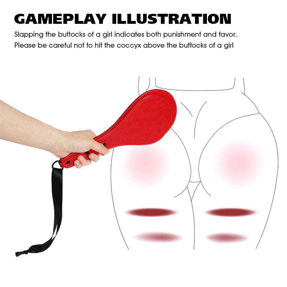 Gameplay illustration showing the scarlet round leather paddle held during consensual adult impact play.