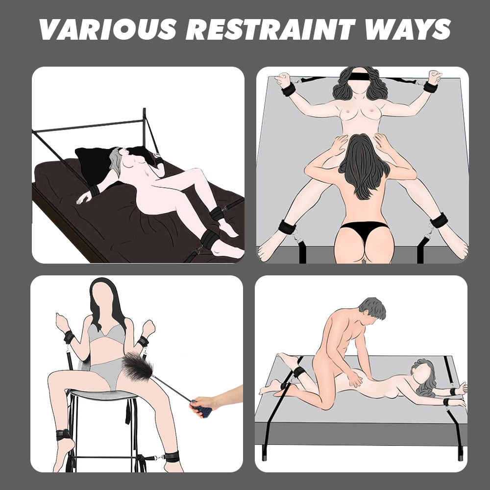 Illustrated guide showing multiple positioning options for an under-bed restraint system