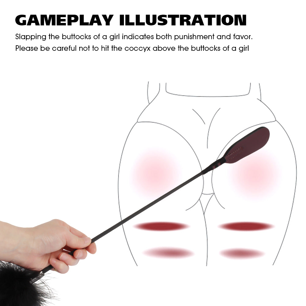 Instructional graphic with the text 'GAMEPLAY ILLUSTRATION' and a hand holding a black paddle-like tool against a line drawing of a female rear, with pink and red shaded areas indicating target zones.