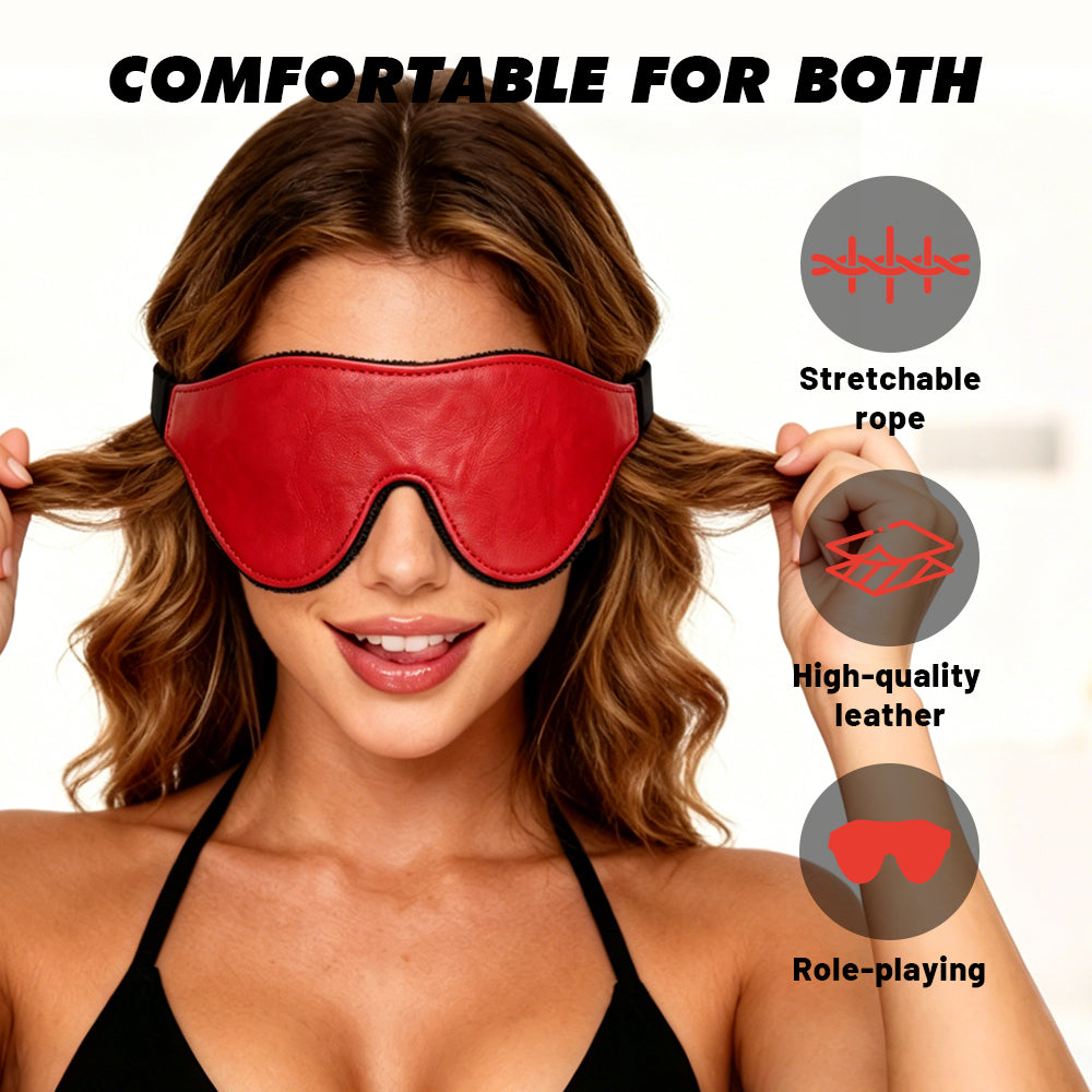 A woman wearing a red eye mask with black trim, holding her hair out of the way. The image includes text reading 'COMFORTABLE FOR BOTH' and three circular feature callouts for 'Stretchable rope,' 'High-quality leather,' and 'Role-playing.