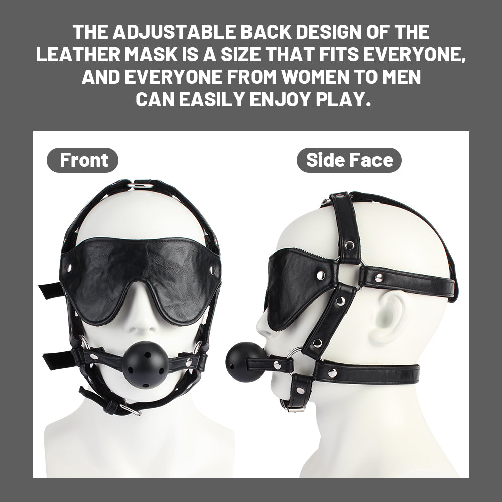 Front and side views of the black ball gag and blindfold set showing adjustable head straps