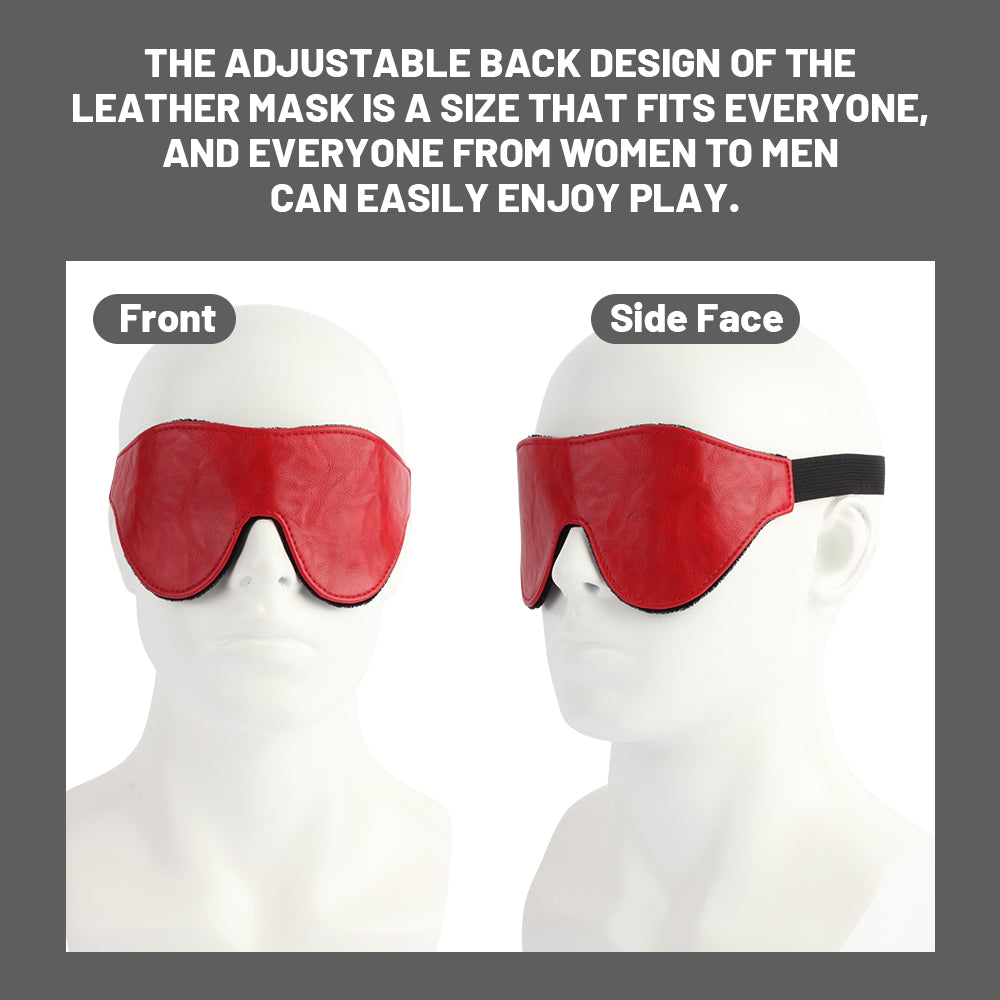 A product presentation showing a red leather eye mask on white mannequin heads from two angles: front view and side face view. The image includes a gray header with white text describing the adjustable back design of the mask.