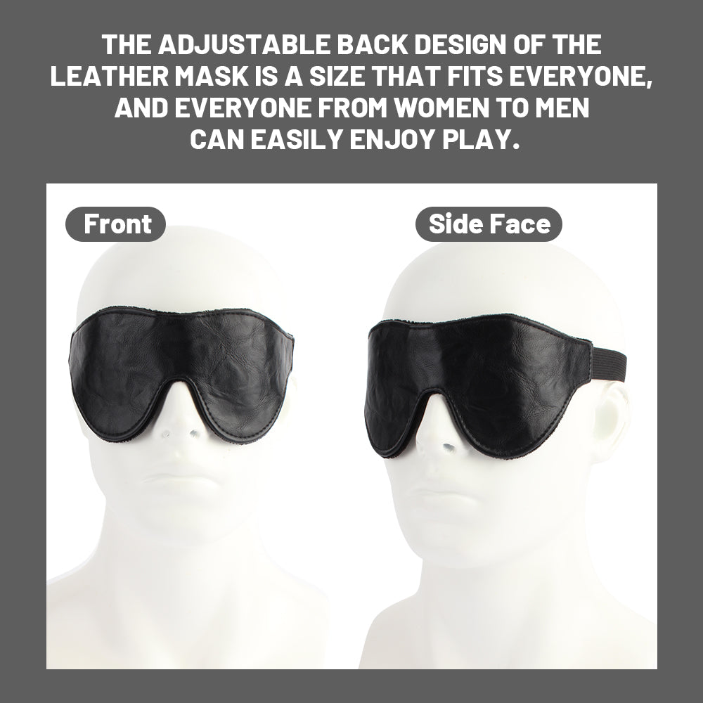 Black leather sleep mask shown on white mannequin heads from front and side-face angles, with explanatory text above about adjustable back design and one-size-fits-all fit.