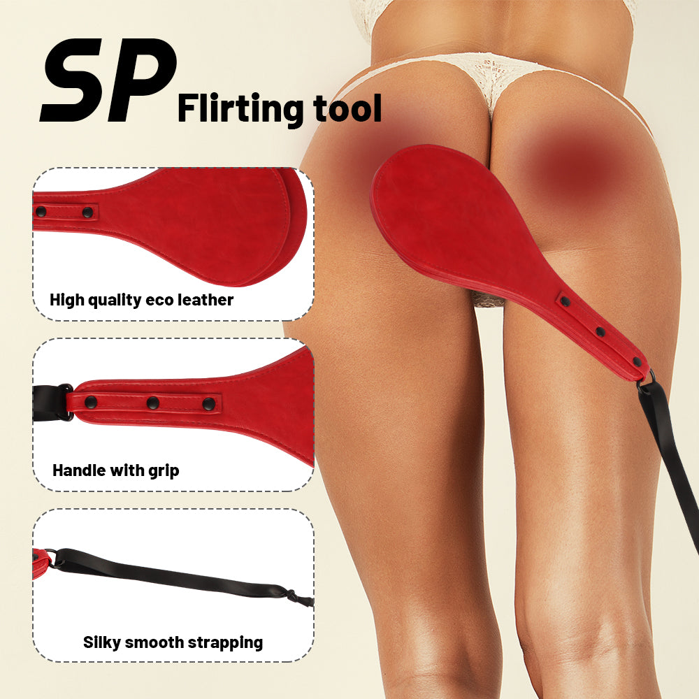 Scarlet red round leather paddle shown in a lifestyle scene with close-up feature callouts.