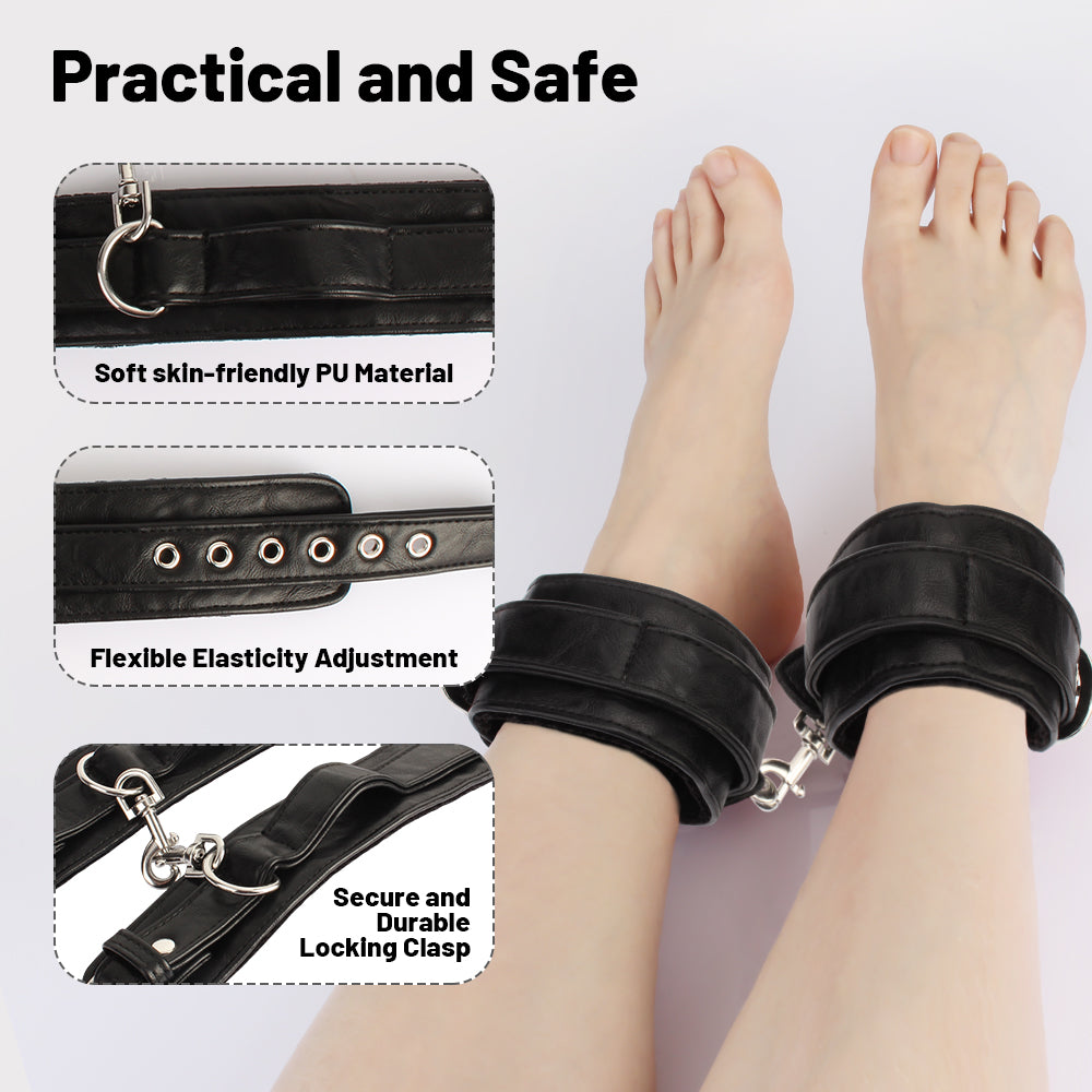 Black ankle cuffs with silver metal clasps shown worn on feet, with three inset detail images highlighting soft PU material, elastic adjustment, and a secure locking clasp on a light background.