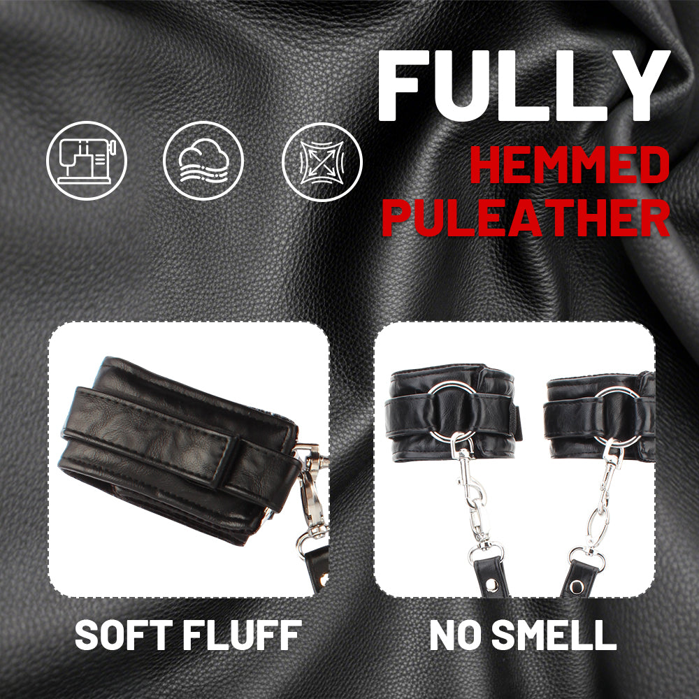 Black hemmed puléather cuffs shown on a textured black leather background with promotional text. Two inset product photos display the cuffs: one labeled 'SOFT FLUFF' and one labeled 'NO SMELL.