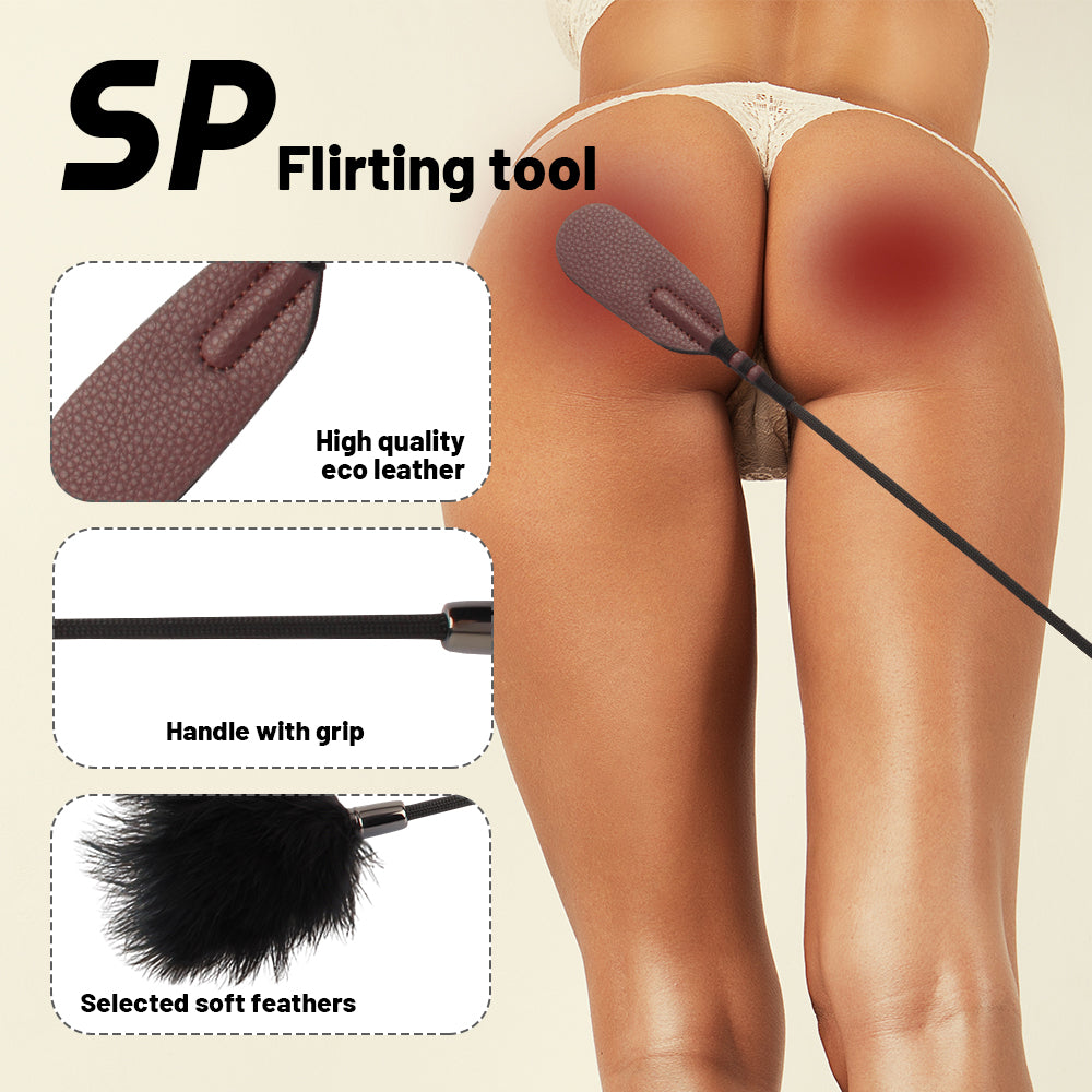 An adult novelty product shown on a model's rear, with a black-handled paddle featuring a brown textured leather head and black feather accent. The graphic includes callout boxes highlighting the high-quality eco leather, grip, and soft feathers, with the text 'SP Flirting tool'.