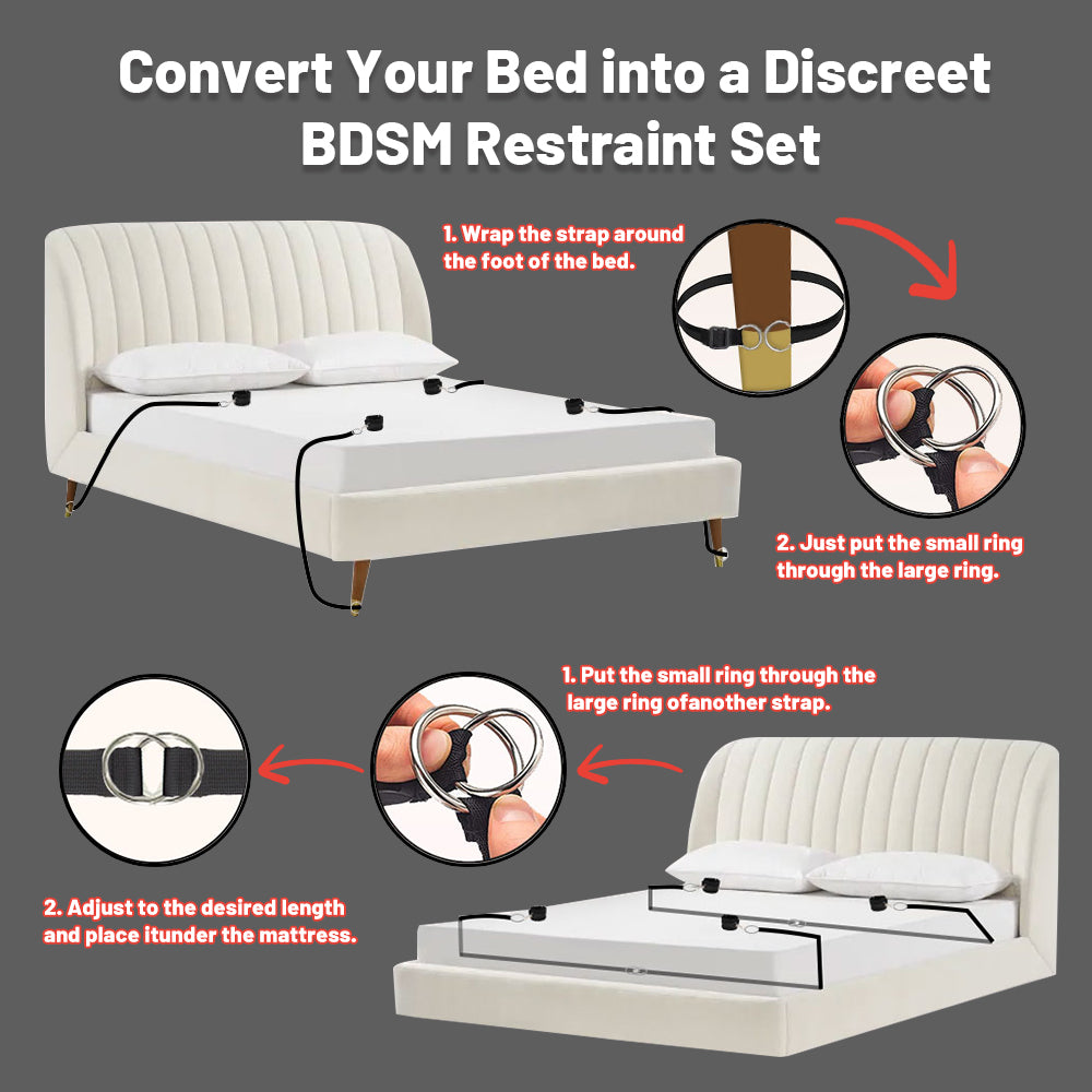Under-bed restraint straps installed beneath a mattress with wrist and ankle cuff placement guide