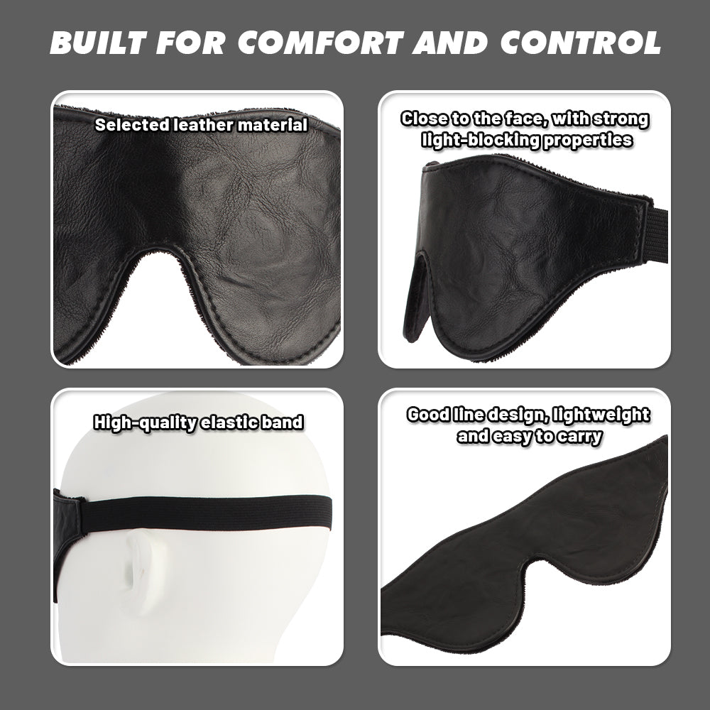 A four-panel product feature graphic for a black sleep mask. The panels show close-ups of the mask material, the mask fitted on a mannequin head, the black elastic band, and the mask from a side angle, with text highlighting leather material, light-blocking properties, clasp band quality, and overall comfort.