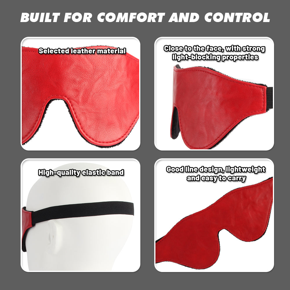 A 2x2 feature infographic for a red leather sleep mask. The top text reads 'BUILT FOR COMFORT AND CONTROL'.