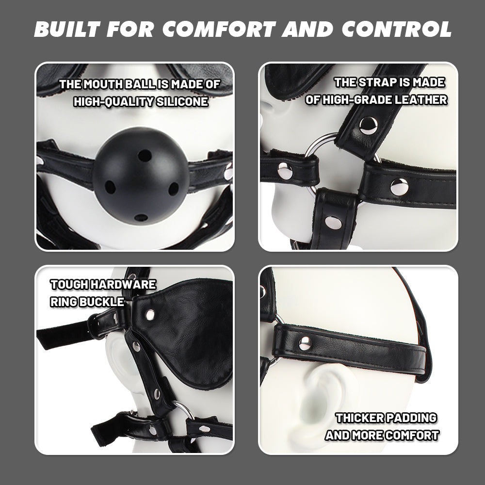 Close-up details of black ball gag and blindfold set showing mouthpiece, buckles, straps and padded eye mask