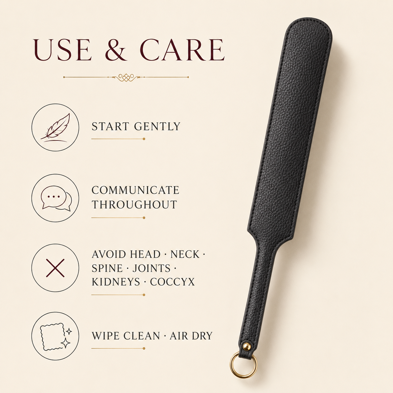 A black textured leather strap-style accessory with a gold ring at the end, shown on a beige background beside an 'USE & CARE' infographic with text about gentle use, communication, avoiding sensitive areas, and cleaning.