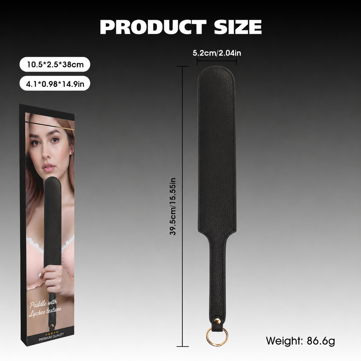 Size guide for black textured leather paddle showing 39.5 cm length, 5.2 cm width and a gold-tone hanging ring.