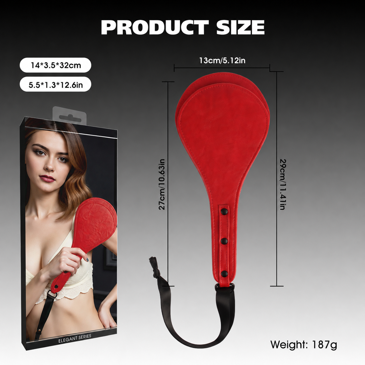 Product size diagram for a red padded paddle-style accessory with black strap, shown with dimensions, weight, and a boxed package featuring a model photo on a dark gradient background.