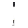A black leather riding crop with a textured handle, a black wrapped grip, and gold-toned metal accents, shown against a plain white background.