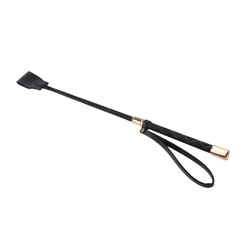 Full-length black riding crop with flexible shaft and wrist loop on a white background.