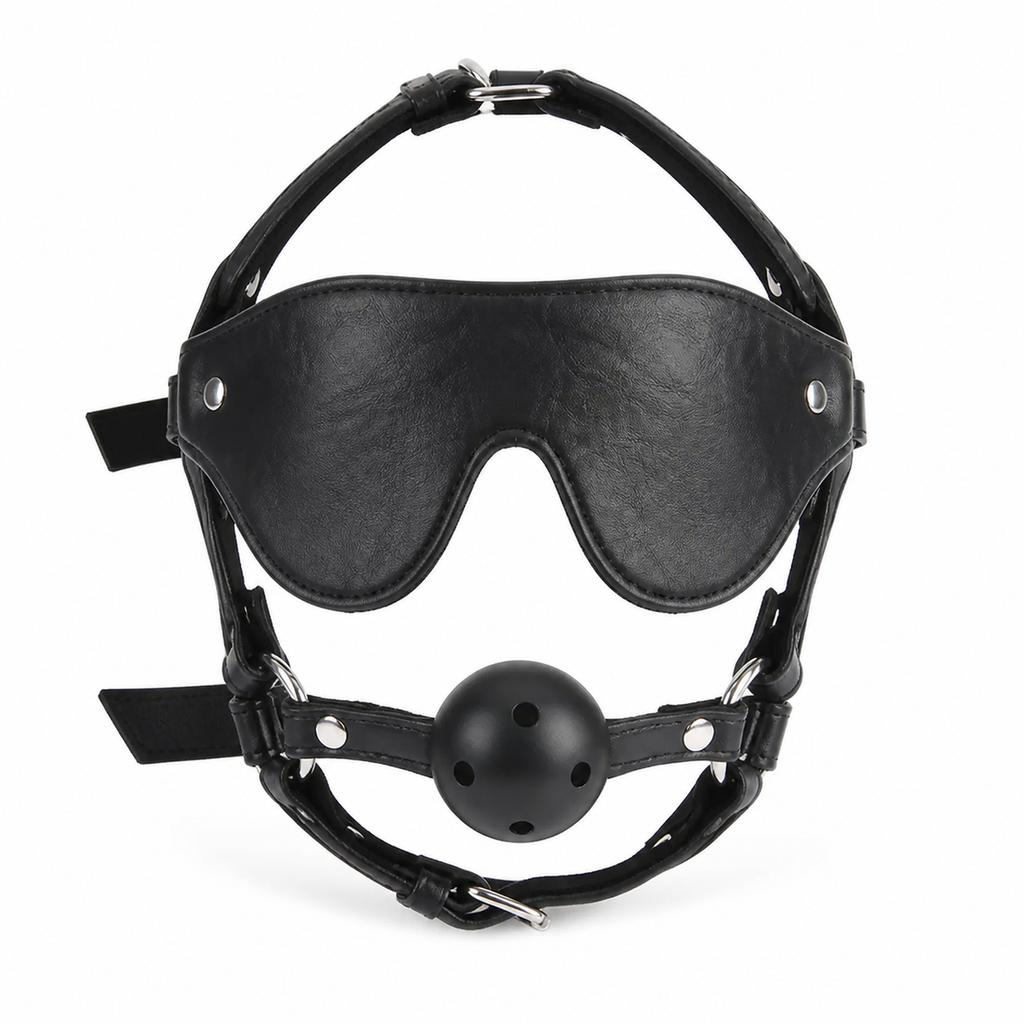 Black adjustable ball gag and matching blindfold set on a clean white background.