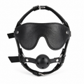 Black adjustable ball gag and matching blindfold set on a clean white background.