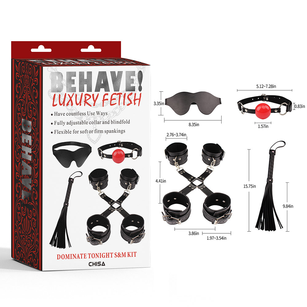 Black beginner BDSM bondage kit showing blindfold, ball gag, four-cuff restraints and mini flogger with packaging