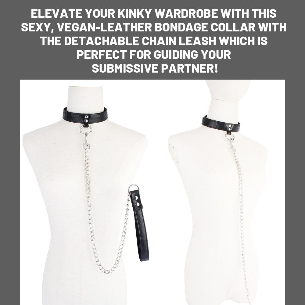 Black adjustable collar with detachable silver-tone chain leash and matching wrist handle beside retail packaging