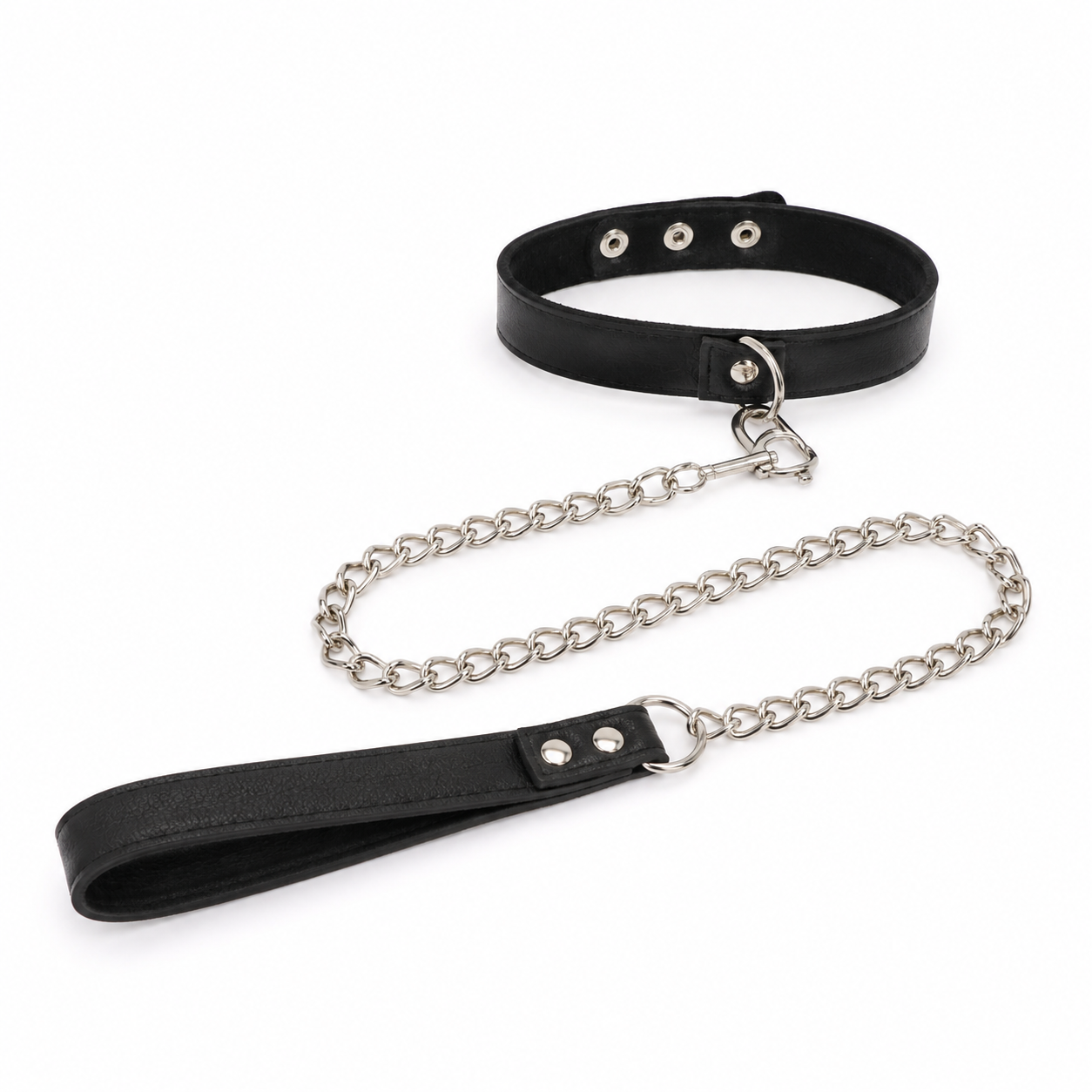 Black adjustable collar with silver-tone chain leash and matching black wrist handle on a white background