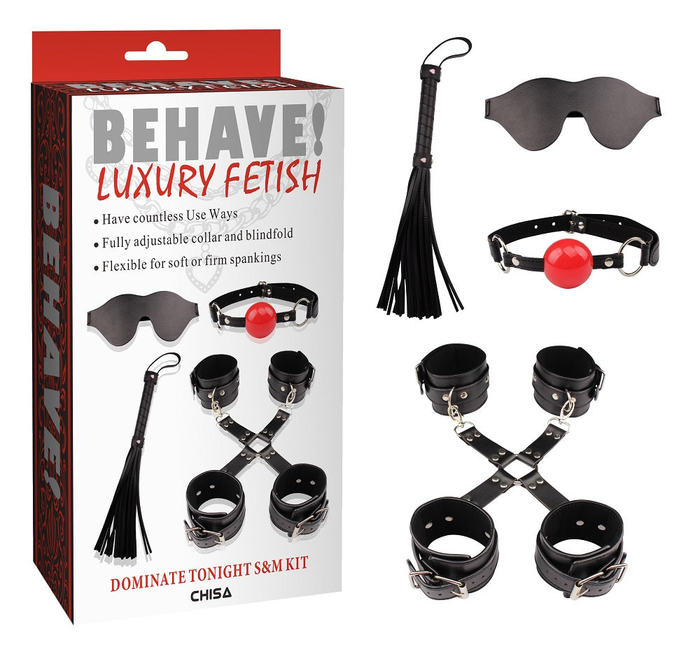 Black beginner BDSM bondage kit with blindfold, ball gag, four-cuff restraint set and mini flogger