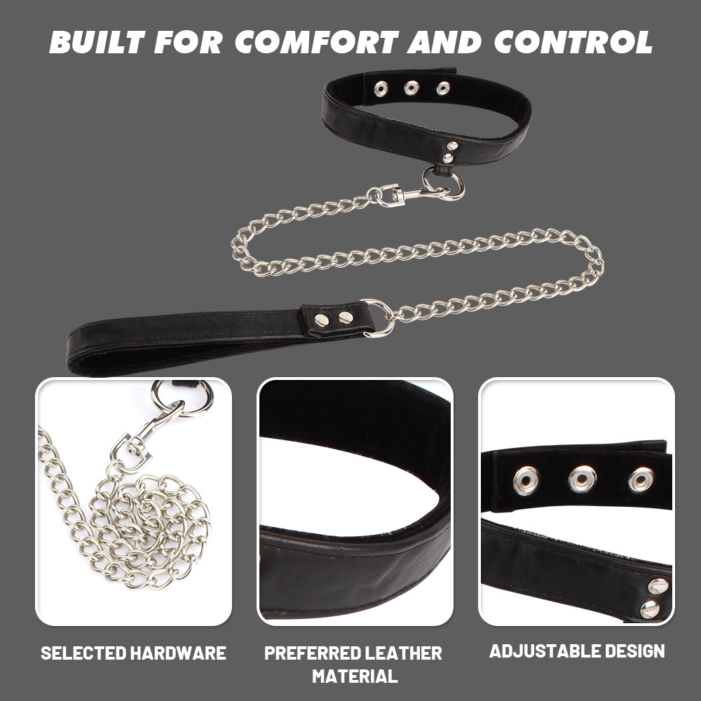 leash-detail-closeup
Close-up details of black adjustable collar and chain leash showing metal hardware, adjustment holes and wrist handl