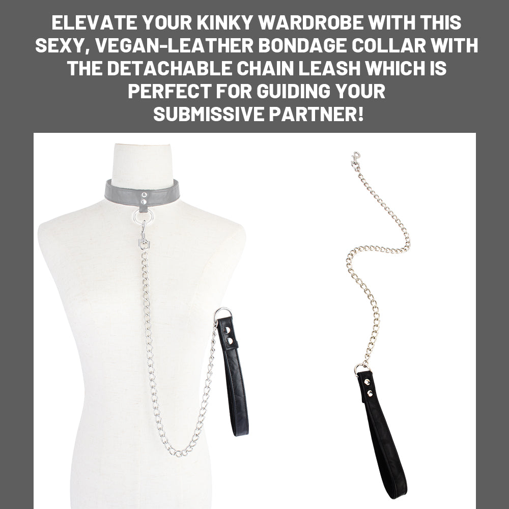 Black adjustable collar and detachable chain leash shown on mannequin displays