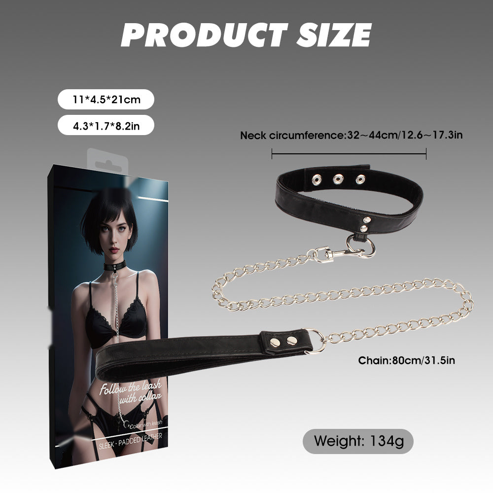 Size guide for black collar and chain leash showing 32–44 cm neck fit, 80 cm chain length and 134 g weight