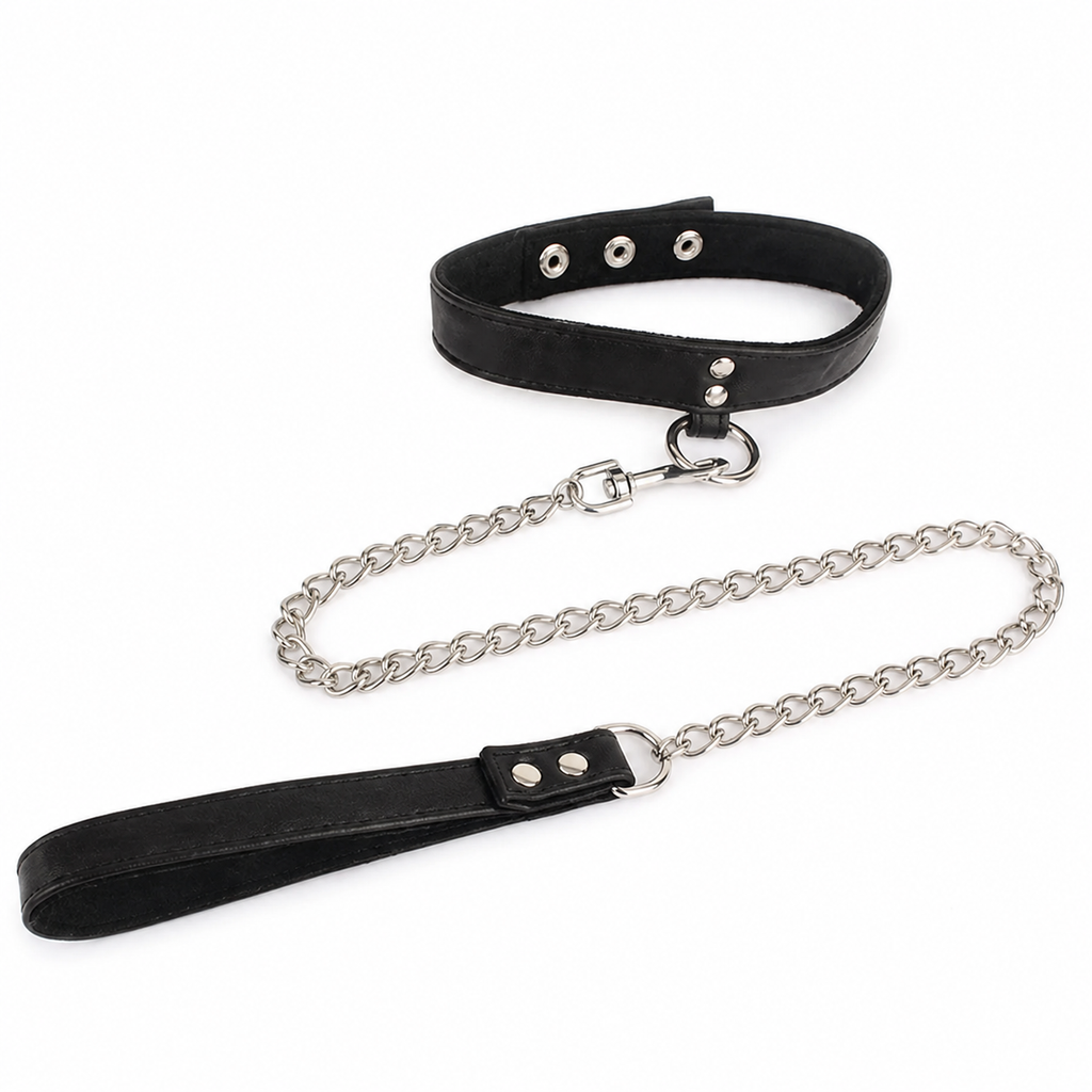 Black adjustable collar with detachable silver-tone chain leash and wrist handle on a clean white background.