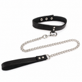 Black adjustable collar with detachable silver-tone chain leash and wrist handle on a clean white background.