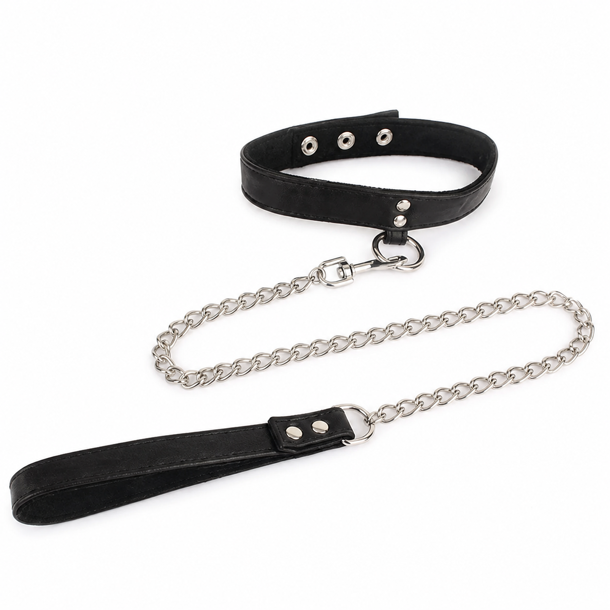 Black adjustable collar with detachable silver-tone chain leash and wrist handle on a clean white background.