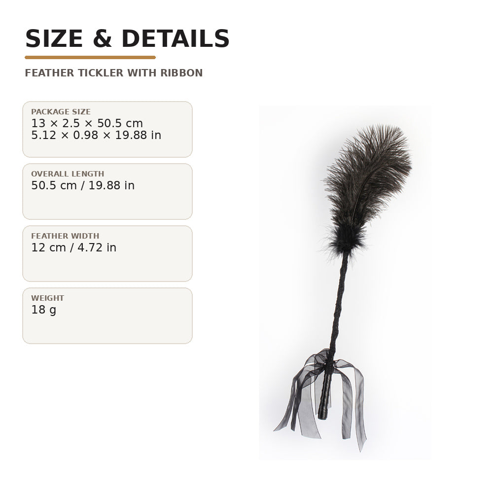 Black feather tickler size guide showing 19.9 in length and 4.72 in feather width.