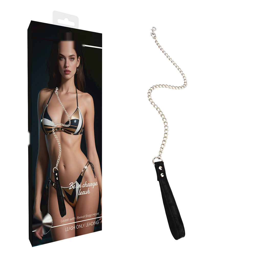 Black adjustable leather collar and metal chain leash set displayed with retail packaging