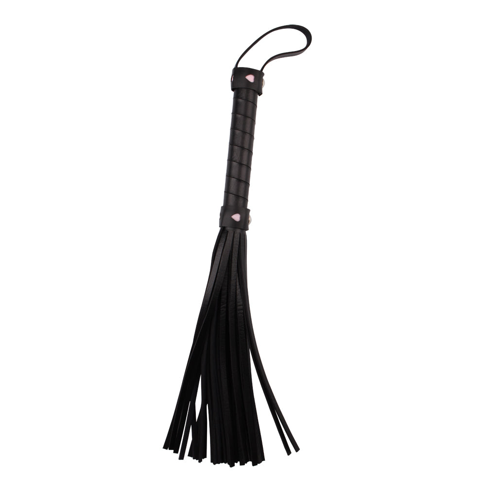 Black mini flogger with wrist loop included in the beginner BDSM bondage kit
